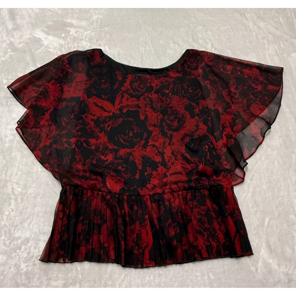 Connected Apparel Floral Print Pleated Blouse Red Black Size 12 Top